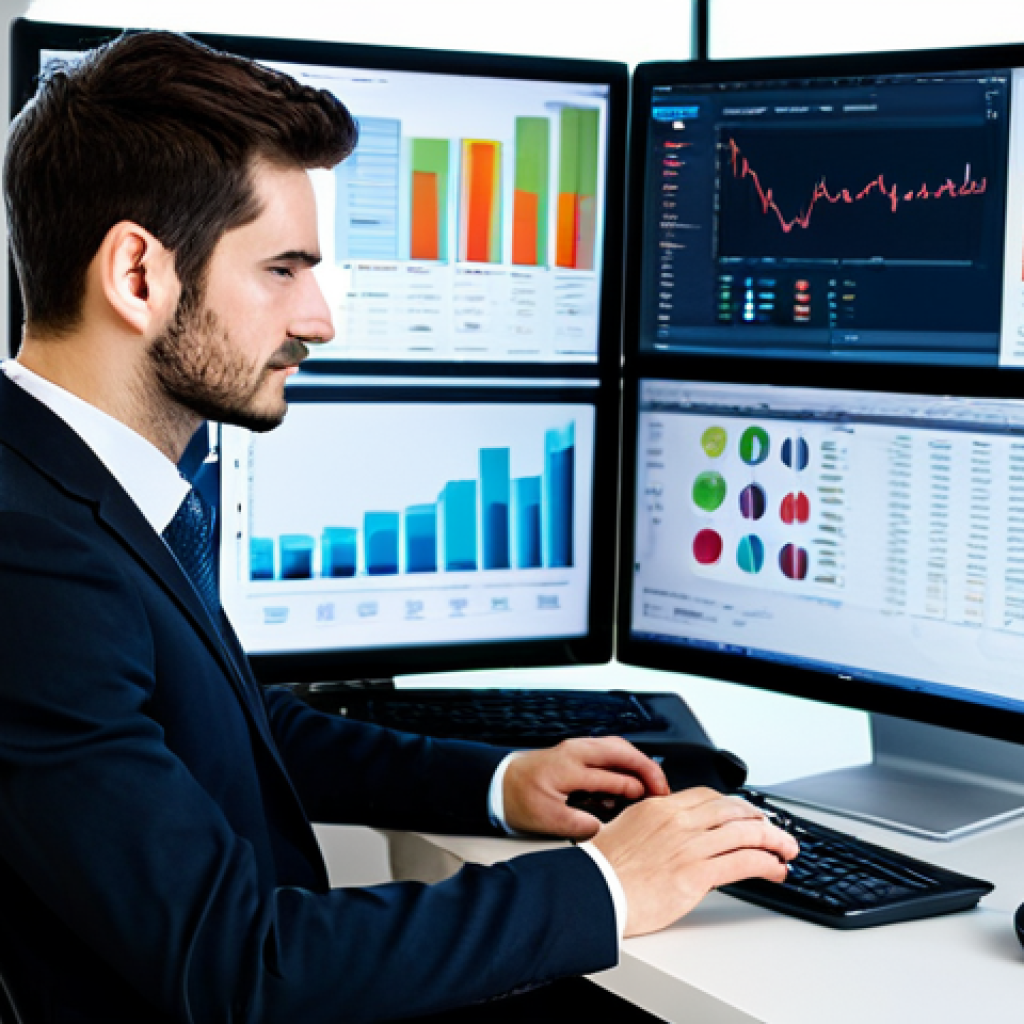 A professional business analyst, fully clothed in a modest, dark business suit, is seated at a high-tech workstation. On the multiple large monitors in front of them, real-time social media feeds, sentiment analysis graphs, and customer feedback data are prominently displayed, illustrating the concept of "social listening" for early issue detection. The setting is a clean, modern corporate office with soft, diffused lighting. The image should convey a sense of insightful data analysis and proactive problem-solving. Perfect anatomy, correct proportions, natural pose, well-formed hands, proper finger count. Professional photography, high quality, safe for work, appropriate content, professional, family-friendly.