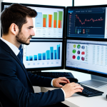 A professional business analyst, fully clothed in a modest, dark business suit, is seated at a high-tech workstation. On the multiple large monitors in front of them, real-time social media feeds, sentiment analysis graphs, and customer feedback data are prominently displayed, illustrating the concept of "social listening" for early issue detection. The setting is a clean, modern corporate office with soft, diffused lighting. The image should convey a sense of insightful data analysis and proactive problem-solving. Perfect anatomy, correct proportions, natural pose, well-formed hands, proper finger count. Professional photography, high quality, safe for work, appropriate content, professional, family-friendly.