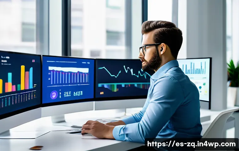 소셜 리스닝 툴을 통한 고객 의견 분석 - A professional social media analyst in a modern office environment, surrounded by multiple large scr...