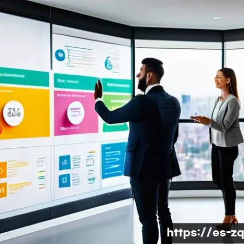 소셜 리스닝 툴의 고객 여정 분석 - A diverse team of marketing professionals gathered around a large digital touchscreen displaying an ...