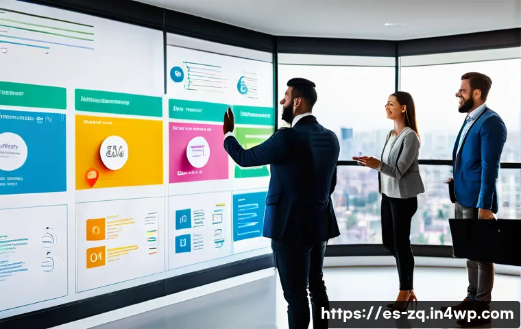 소셜 리스닝 툴의 고객 여정 분석 - A diverse team of marketing professionals gathered around a large digital touchscreen displaying an ...