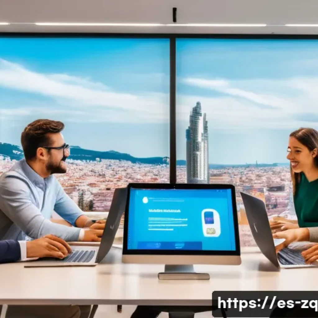 소셜 리스닝 툴로 고객 세분화하기 - A dynamic digital marketing team in a modern Barcelona office, collaborating around multiple large s...