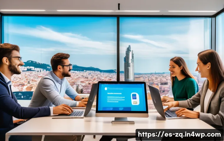 소셜 리스닝 툴로 고객 세분화하기 - A dynamic digital marketing team in a modern Barcelona office, collaborating around multiple large s...