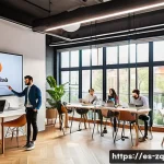 소셜 리스닝 툴을 활용한 매출 증대 전략 - A vibrant digital marketing office scene set in a modern Madrid coworking space, featuring a diverse...