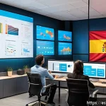 소셜 리스닝 툴을 활용한 온라인 리뷰 분석 - A modern Spanish digital marketing office scene showing a diverse team of professionals analyzing so...