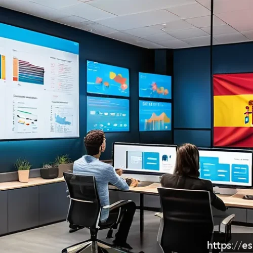 소셜 리스닝 툴을 활용한 온라인 리뷰 분석 - A modern Spanish digital marketing office scene showing a diverse team of professionals analyzing so...