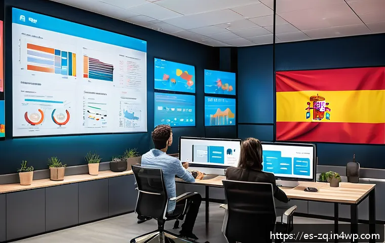 소셜 리스닝 툴을 활용한 온라인 리뷰 분석 - A modern Spanish digital marketing office scene showing a diverse team of professionals analyzing so...